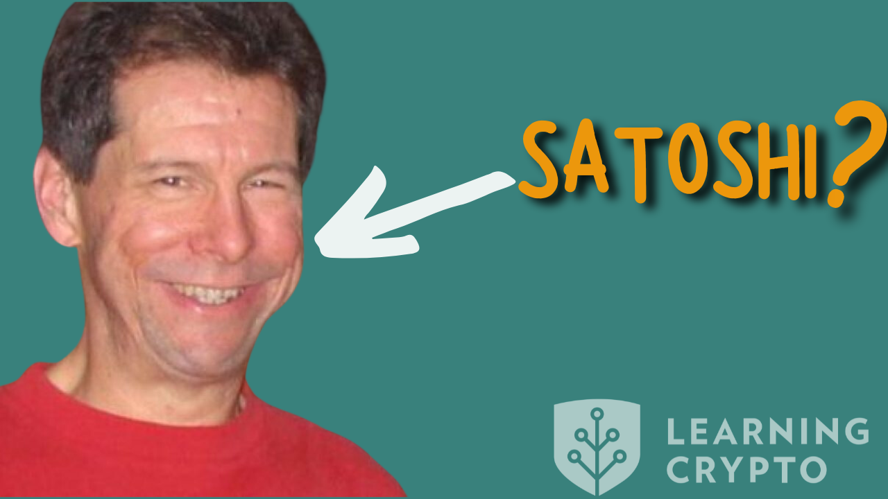 Hal Finney with an arrow pointing to him saying "Satoshi?"